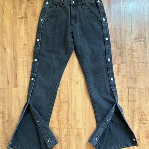 Black Flared Jeans with Button Accents